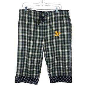 Oakland As Plaid Pajama Lounge Pants Womens M Green Yellow Capri Length
